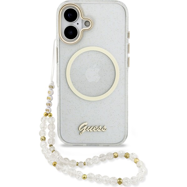 Guess IML Glitter Script Strap MagSafe Zadní Kryt pro iPhone 17 Transparent