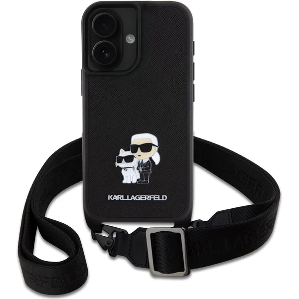 Karl Lagerfeld Saffiano Crossbody Popruh Metal Karl and Choupette kryt pro iPhone 16 černý - Pouzdra - Obrázek edec9b052d7f4391a4d6a712fc872438