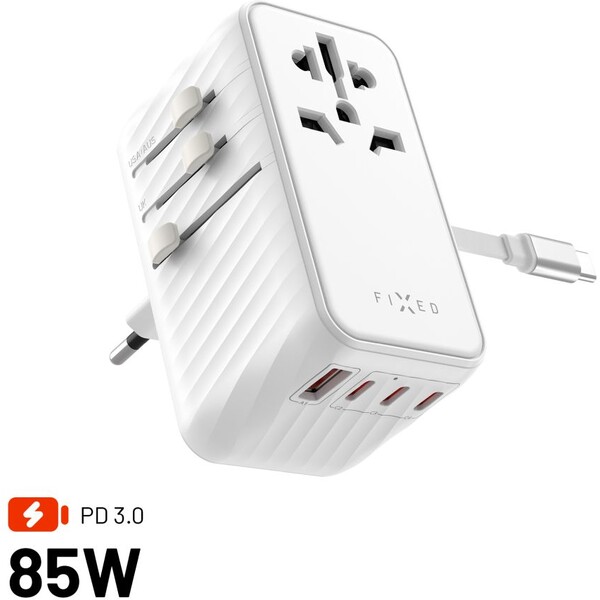 FIXED Voyager (85W) cestovní adaptér EU/UK/USA/AUS, 4xUSB-C a 1xUSB, GaN, PD, bílý
