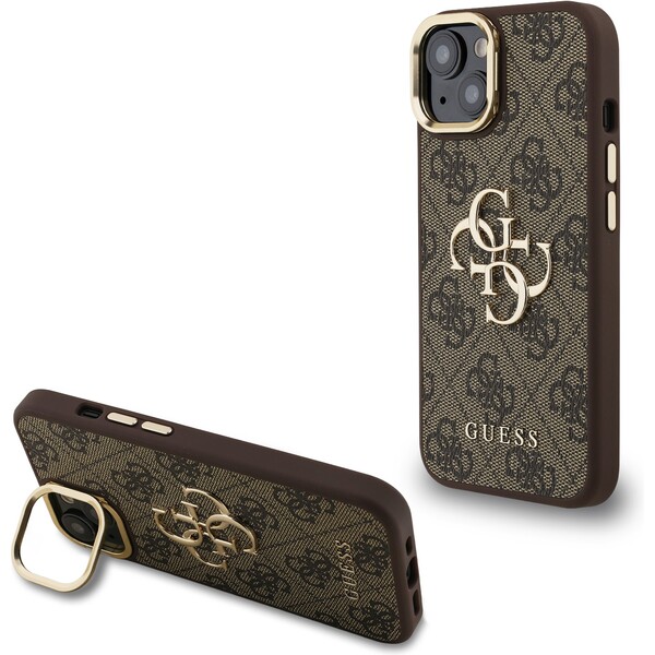 Guess PU 4G Metal Logo Stand Camera Frame kryt iPhone 15 hnědý