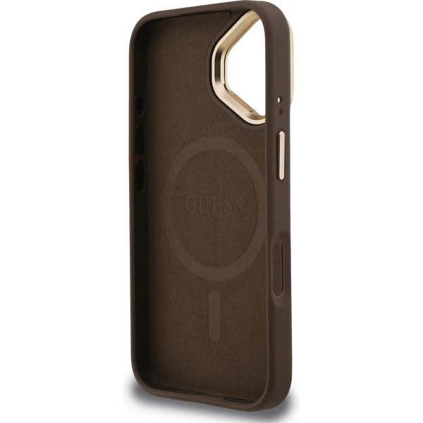 Guess PU 4G Strass Triangle Logo Stand Camera Frame MagSafe kryt iPhone 16 hnědý - Pouzdra - Obrázek f4fae608dfdd4c6286012b5399308c4c