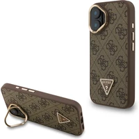 Guess PU 4G Strass Triangle Logo Stand Camera Frame MagSafe kryt iPhone 16 hnědý - Pouzdra