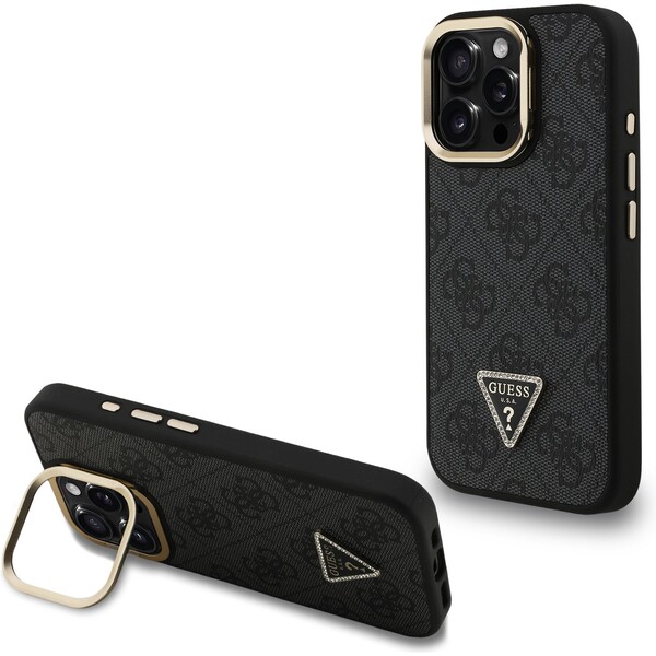 Guess PU 4G Strass Triangle Logo Stand Camera Frame MagSafe kryt iPhone 15 Pro černý