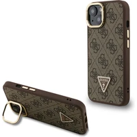 Guess PU 4G Strass Triangle Logo Stand Camera Frame MagSafe kryt iPhone 13 hnědý - Pouzdra