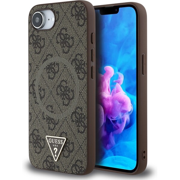 Guess PU 4G Strass Triangle Metal Logo kryt iPhone 16e hnědý