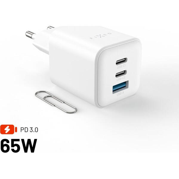 FIXED Mini GaN nabíječka s 2x USB-C/USB-A a podporou PD, 65W, bílá