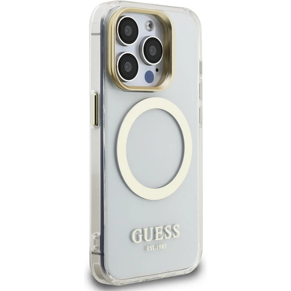 Guess IML Gold Outline Stand Camera Frame MagSafe kryt iPhone 15 Pro Max čirý - Pouzdra - Obrázek fec02ff1f4614f46b0370bccf2750e3e